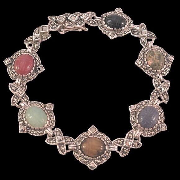 Sterling Multi Stone Cabochon Marcasite Link Bracelet - Picture 1 of 9